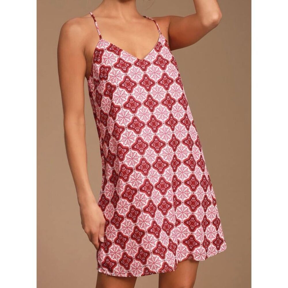 LULUS SLIP DRESS SPAGHETTI STRAPS V NECK BOHO CORAL/RED/WHITE OFFICE SIREN SZ L